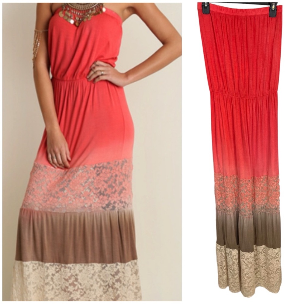 Umgee strapless maxi dress lace panels NWT